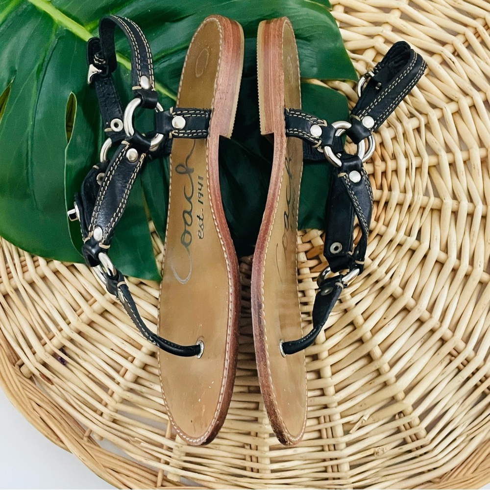 Coach Raiven Hardware Turnlock Flat Sandals Black Leather adjustable strap SZ 8 - Picture 5 of 12